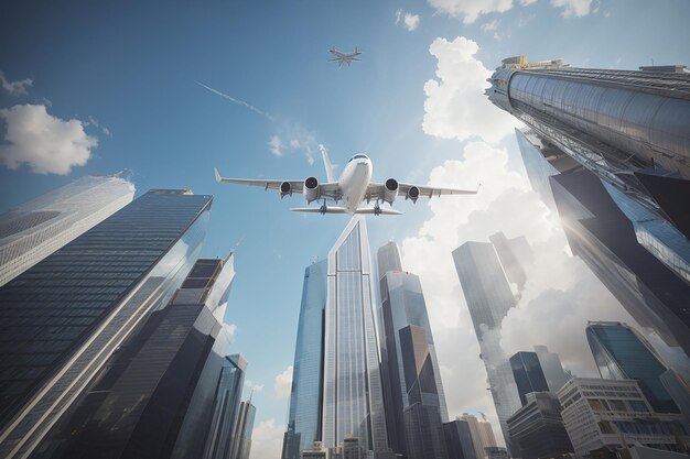 Photo airplane flying over skyscrapers