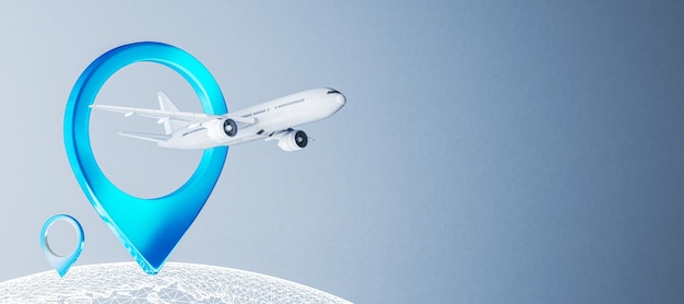 Airplane flying through geolocation pin on a digital globe 3D Rendering