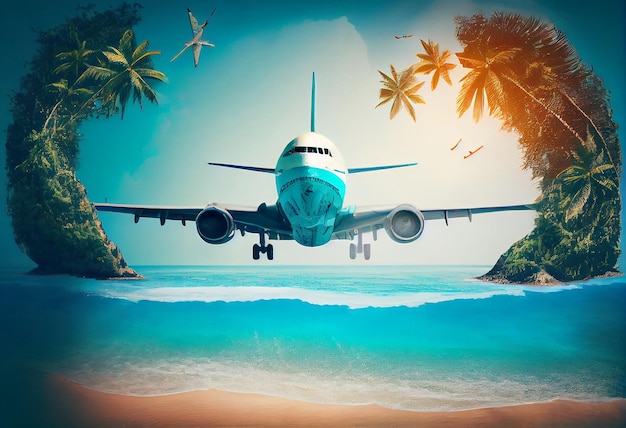 Airplane flying above tropical sea beach Theme of travel in summer trip Vacation weekend and tourismGenerate Ai