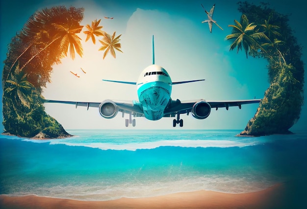 Airplane flying above tropical sea beach Theme of travel in summer trip Vacation weekend and tourismGenerate Ai