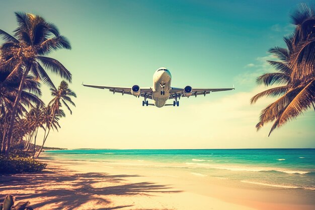 Airplane flying above tropical sea beach