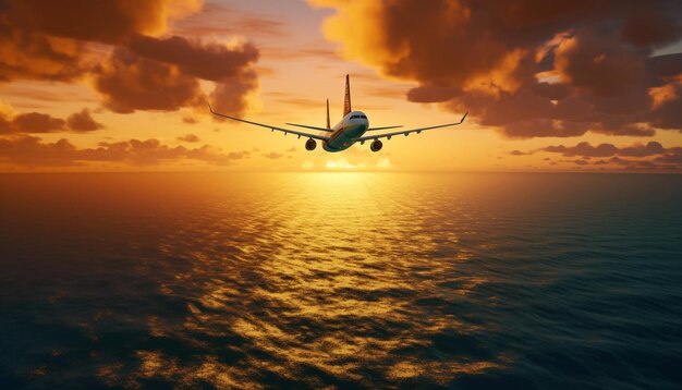 Photo airplane flying above tropical sea at sunset