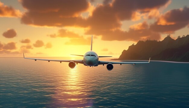 Photo airplane flying above tropical sea at sunset