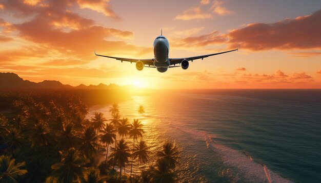 Photo airplane flying above tropical sea at sunset