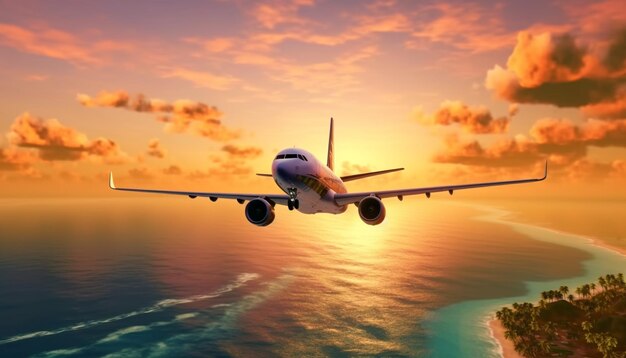 Photo airplane flying above tropical sea at sunset