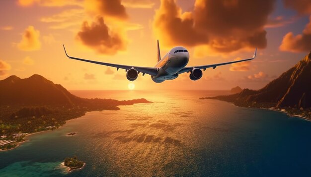 Airplane flying above tropical sea at sunset