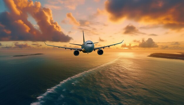 Airplane flying above tropical sea at sunset