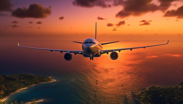 夕暮れの熱帯海の上を飛ぶ飛行機