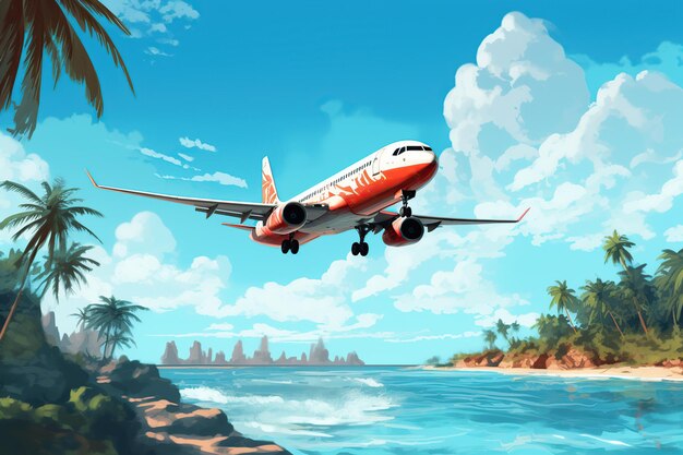 Airplane flying above tropical sea