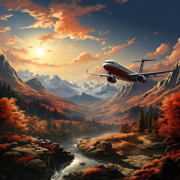 An airplane flying above a valley and a river