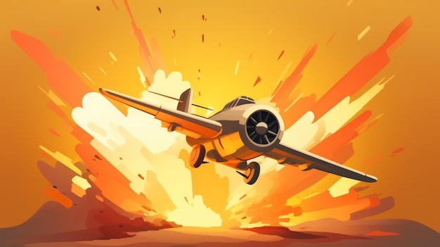 Airplane from the game on the background of a bright explosion cartoon style