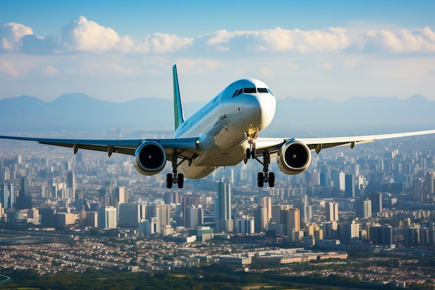 飛行機が夜に街の上を色とりどりの空で飛んでいる 旅客機のスカイラインが紫色の空で赤とピンクの雲が空を覆っている 飛行機は日没時に着陸している