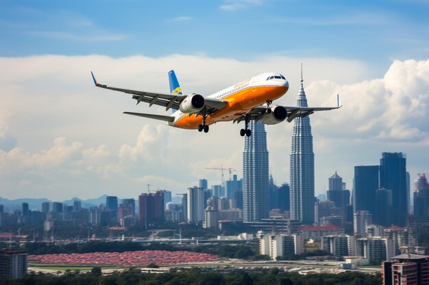 Foto l'aereo vola in un cielo colorato sopra la città di notte paesaggio con l'orizzonte dell'aeromobile passeggeri cielo viola con nuvole rosse e rosa aereo sta atterrando al tramonto visto aereo trasporto