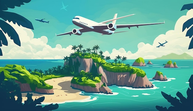 飛行機は島々や熱帯の海岸線の上を飛んでいます生成 AI
