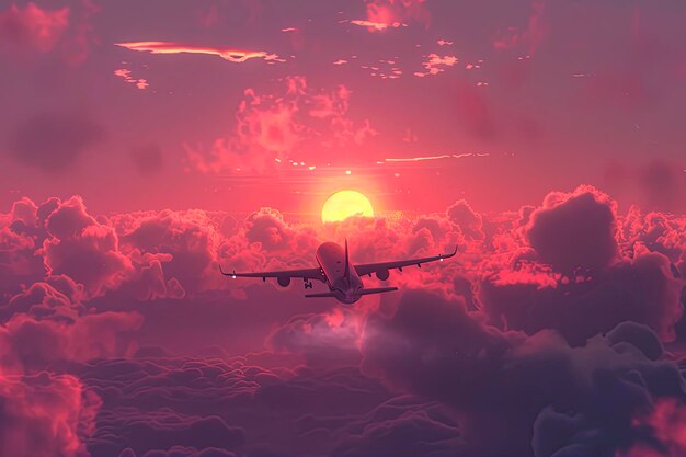 Airplane is flying at sunset