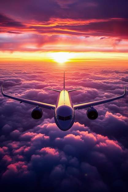 Самолет летит по облачному небу с красивым закатом на заднем плане