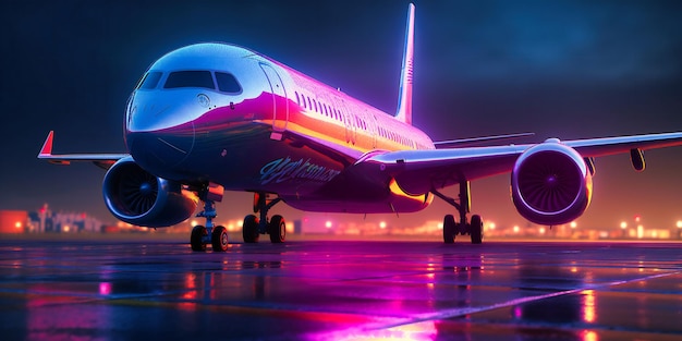 An airplane is on the runway in front of colorful lights