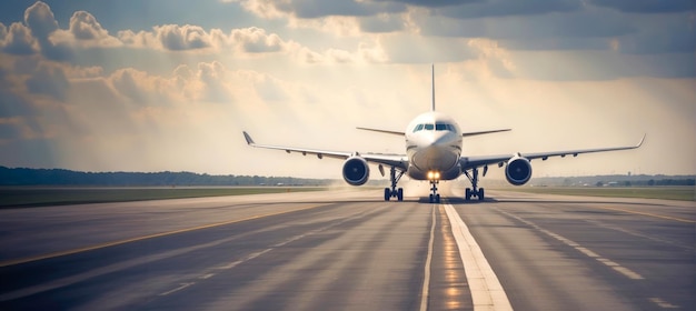 An airplane is taking off from an airport runway