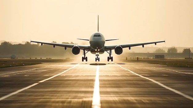 높은 디테일로 공항 활주로에 착륙하는 비행기