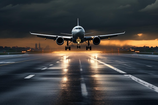 Airplane landing on airport runway