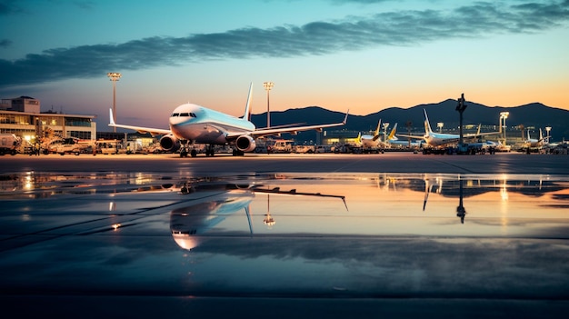 공항 활주로에 착륙하는 비행기