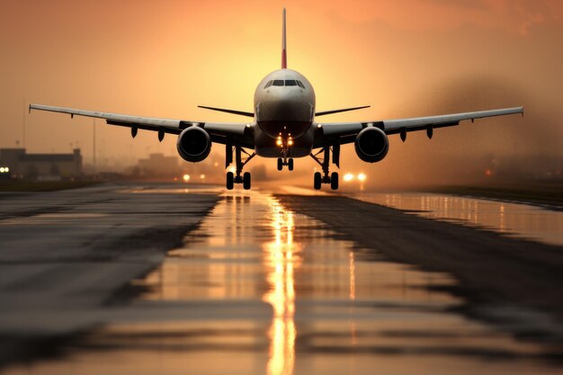 Airplane landing approaching the runway at sunset