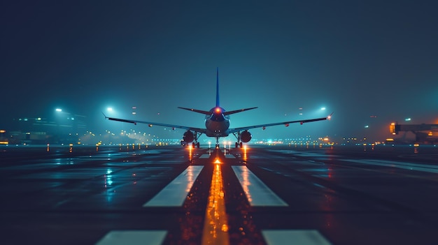 飛行機が夜の空港に着陸する