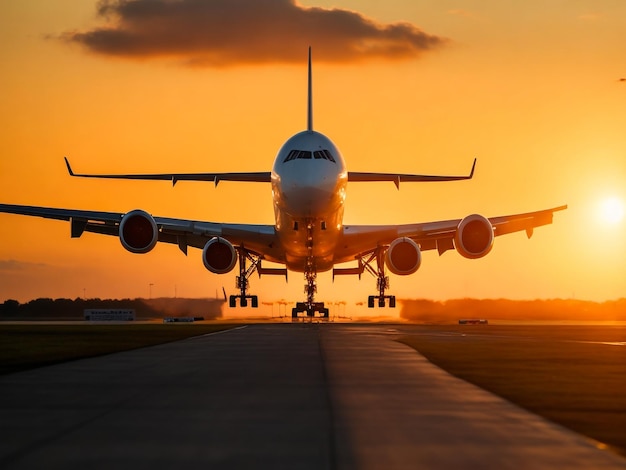 Airplane landing on the runway behind a bright sunset with a orange
