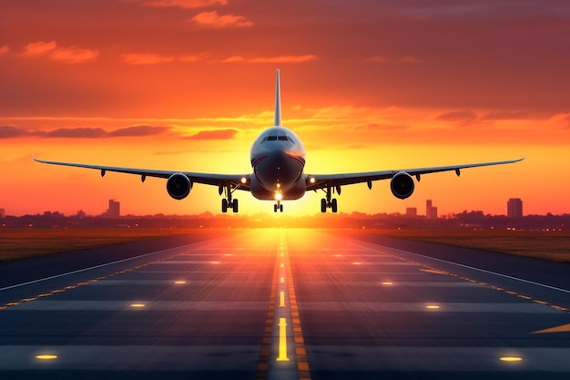 Airplane landing on the runway at dawn