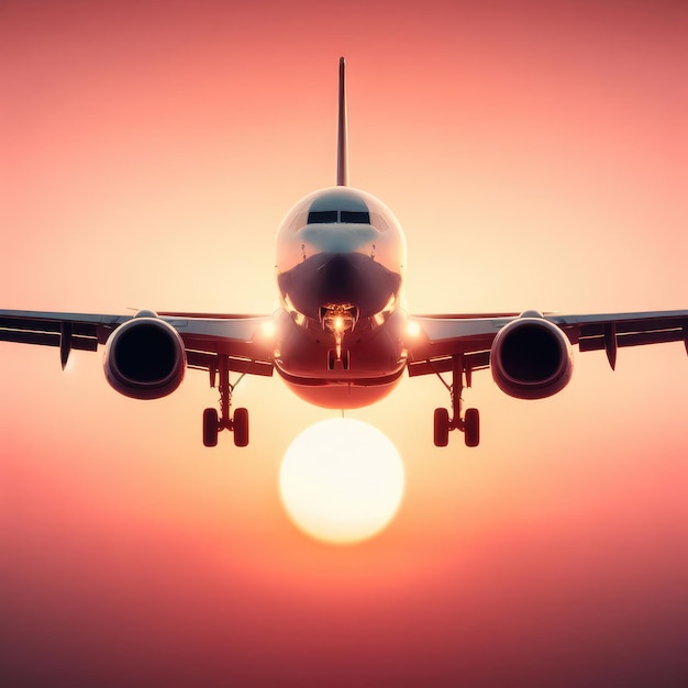 airplane landing at sunset