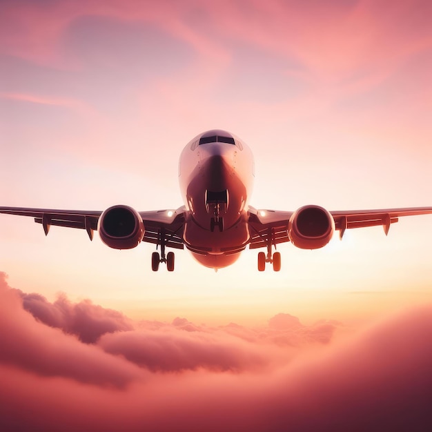 airplane landing at sunset