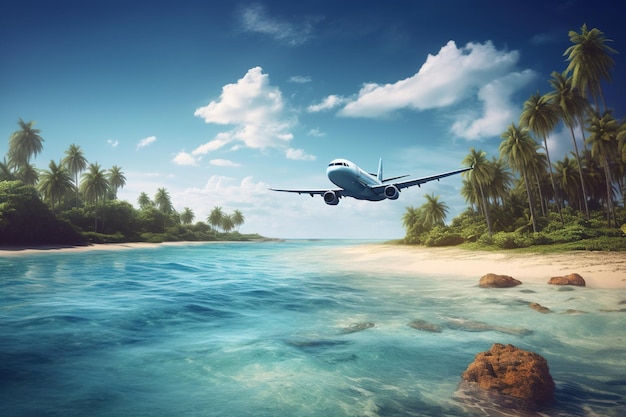 Airplane landing at tropical resort plane flying above sea beach and jungle generative AI