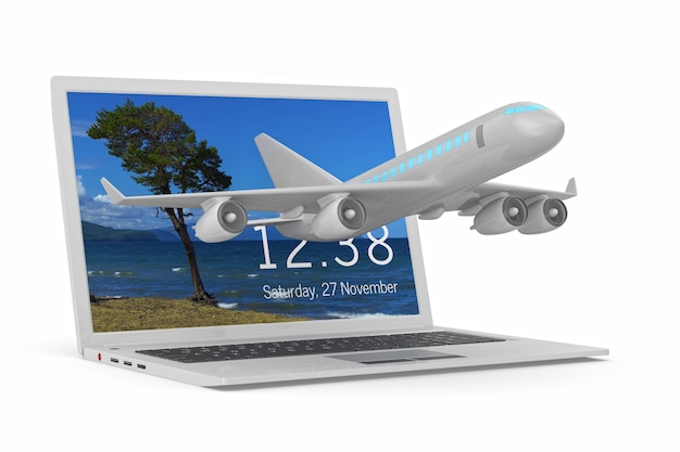 Airplane and laptop isolated on white illustration