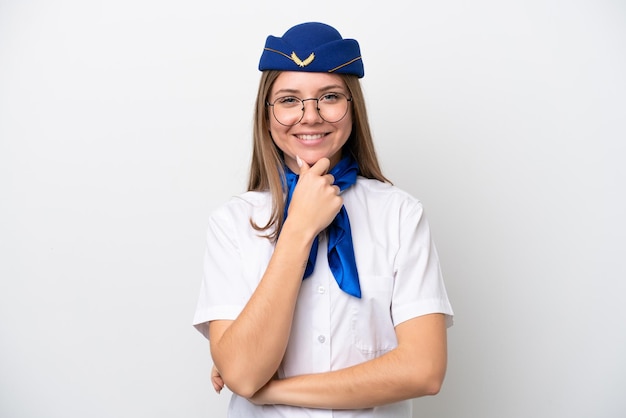 Airplane Lithuanian woman stewardess isolated on white background with glasses and smiling