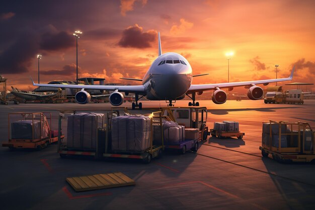 Airplane loading luggage and cargo in airport at sunset operations In Airport travel and transportation idea High quality image copy space for text