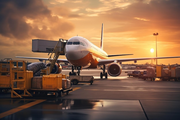 Airplane loading luggage and cargo in airport at sunset operations In Airport travel and transportation idea High quality image copy space for text