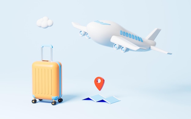 Airplane and luggage in the blue background Travel theme 3d rendering