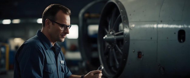 Photo airplane maintenance technician conducts routine checks to ensure airworthiness in candid daily work