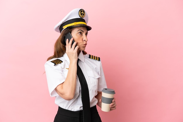 Airplane middle aged pilot woman isolated on pink background holding coffee to take away and a mobile