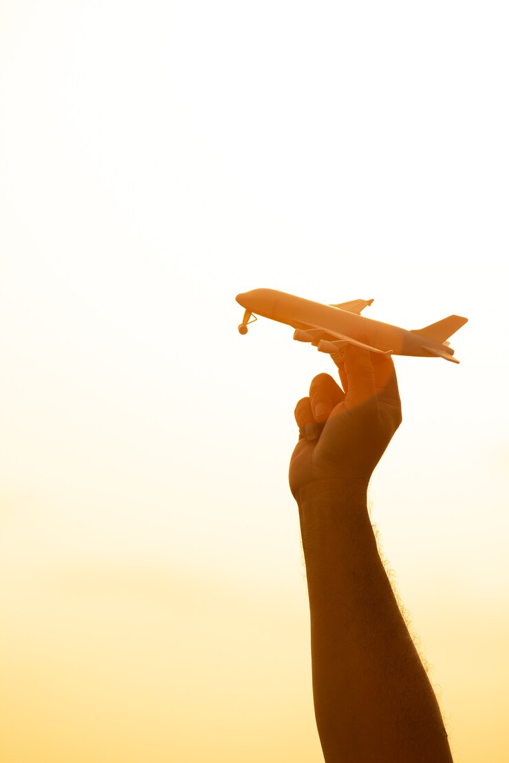 晴れた空に飛行機モデル。旅行、輸送のコンセプト