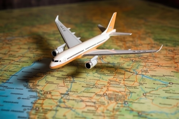 Airplane model on the map paper travel concept