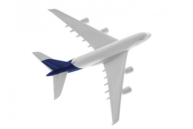 Modello di aeroplano con colore blu sulla coda isolato su sfondo bianco