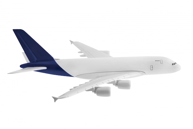 白い背景で隔離の尾に青い色の飛行機モデル