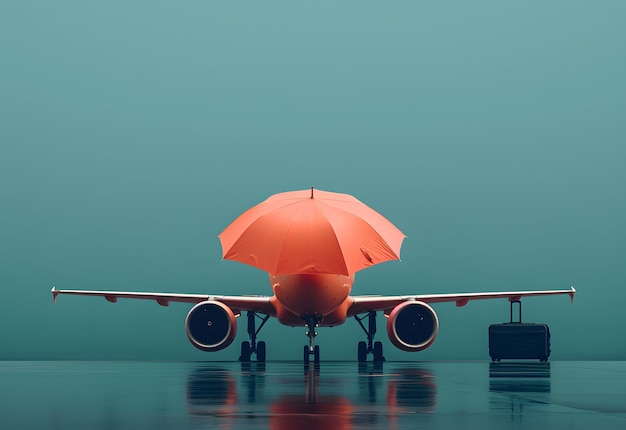 Airplane model with orange umbrella and suitcase against teal background travel insurance concept