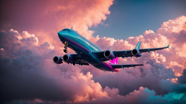 Airplane in neon clouds