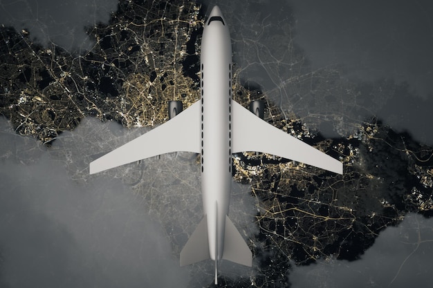 Airplane above night landscape