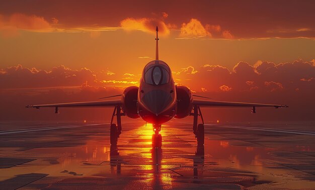 Airplane parked on the runway at sunset