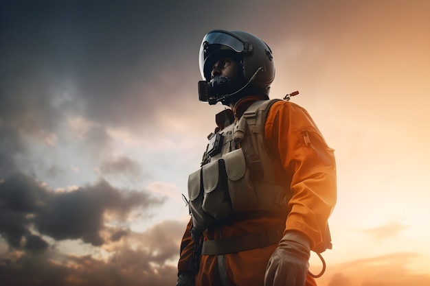 Airplane pilot in uniform helmet and gas mask