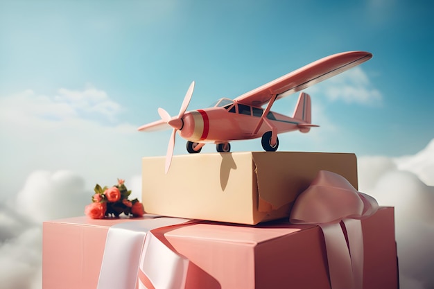 Airplane on pink gift boxes on sky background Generative AI