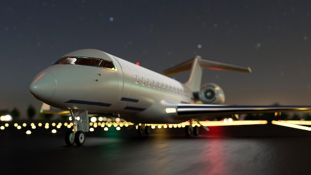 Airplane or private jet is on the airport runway at night\
airplane taking off the airport at night